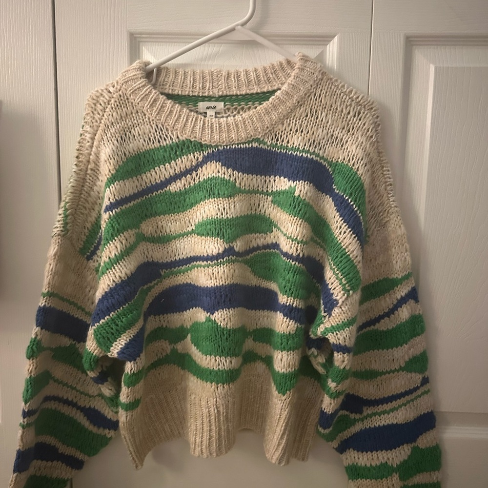 Aerie Cream, Green, and Blue Striped Sweater